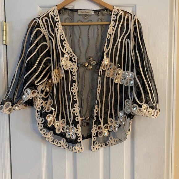 Simple Couture Women's Black Sheer Gold Sequins Decorative Ribbons Top Jacket L - Picture 1 of 9